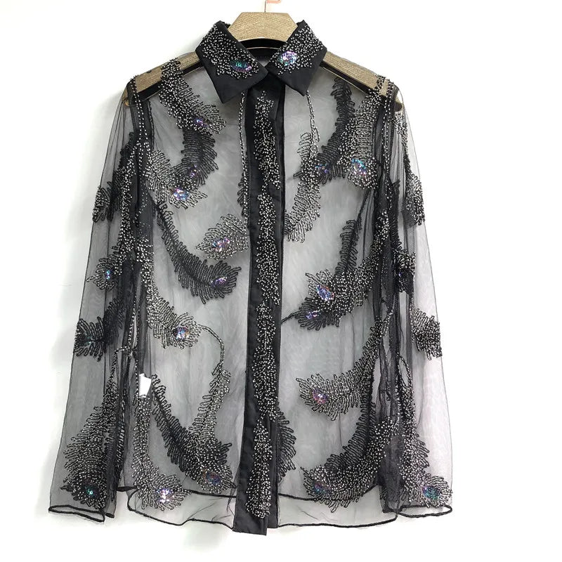 Chemise Noire Transparente Strass Femme