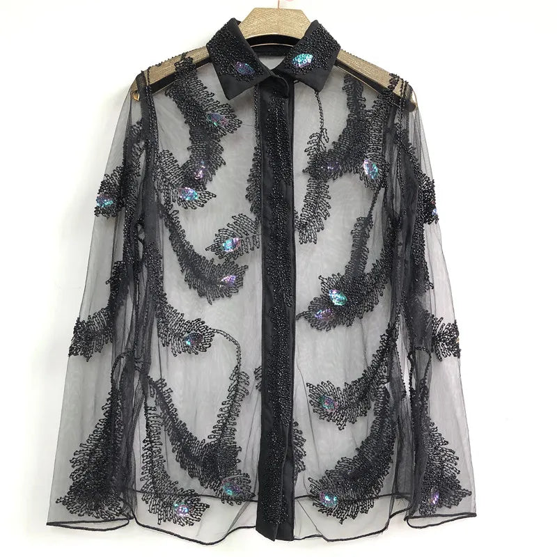 Chemise Noire Transparente Strass Femme