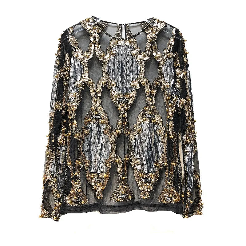 Blouse Manches Longues Transparent Paillette noire