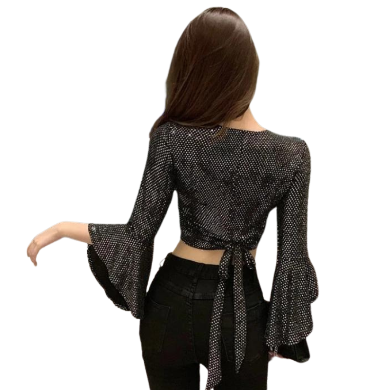 Croc Top Paillette Col V Manches Evasées