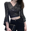 Bralette à Paillettes Avec Col En V Enveloppant - Bustier Sexy Sans Baleines - Taille Unique (34/36) - Pour Soirée - 7