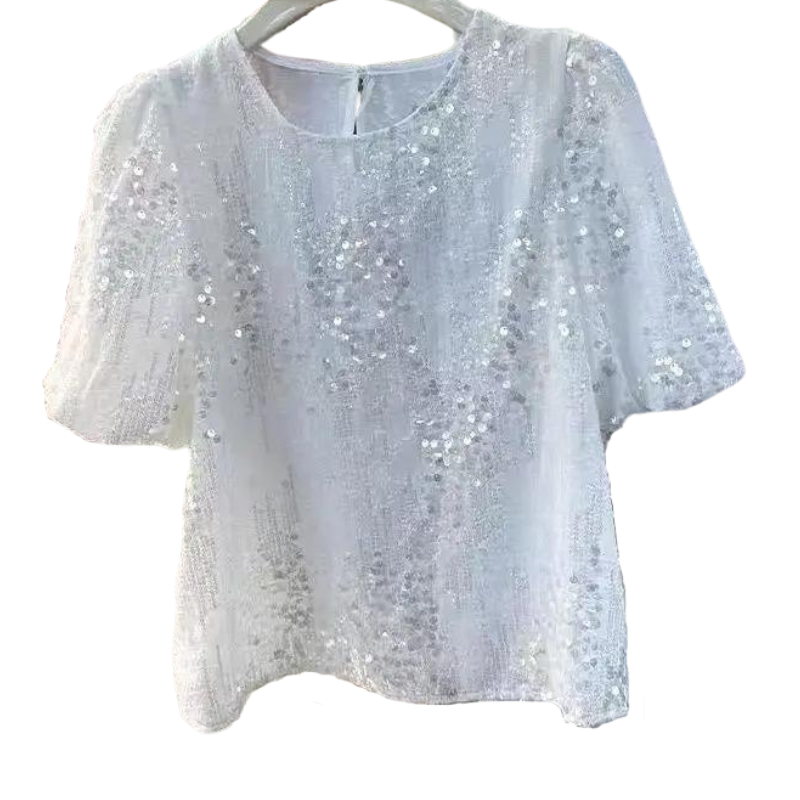 T Shirt Paillette Col Rond blanc