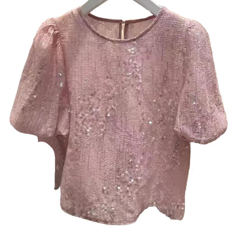 T Shirt Paillette Col Rond rose