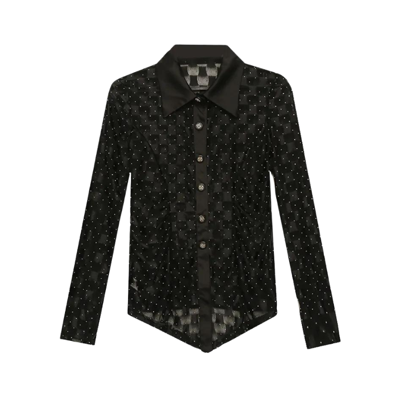 Chemise Noir Strass Carreaux Femme