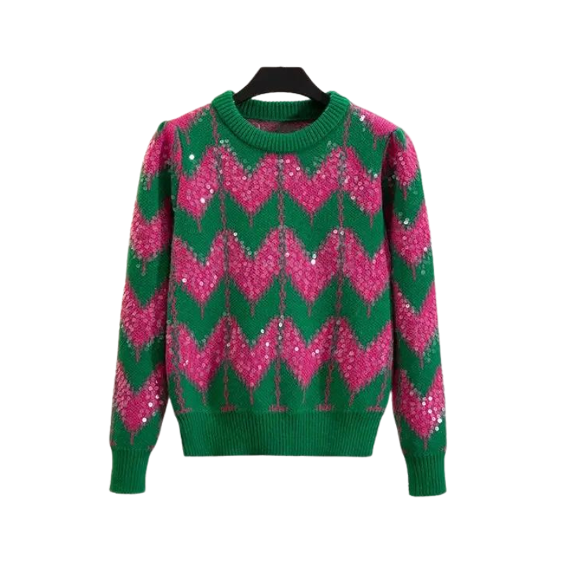 Pull Paillette Rose et Vert Femme Strass Paillettes – Strass