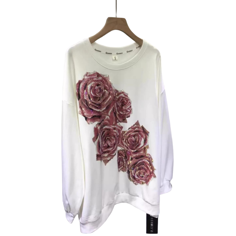 Pull Strass Fleurs Rose