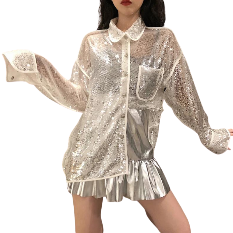 Chemise Longue Paillette Femme blanc Avec Ceinture