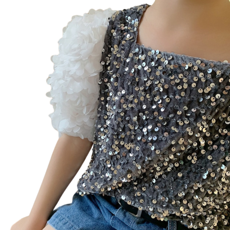 T Shirt Paillette Manches Larges Femme