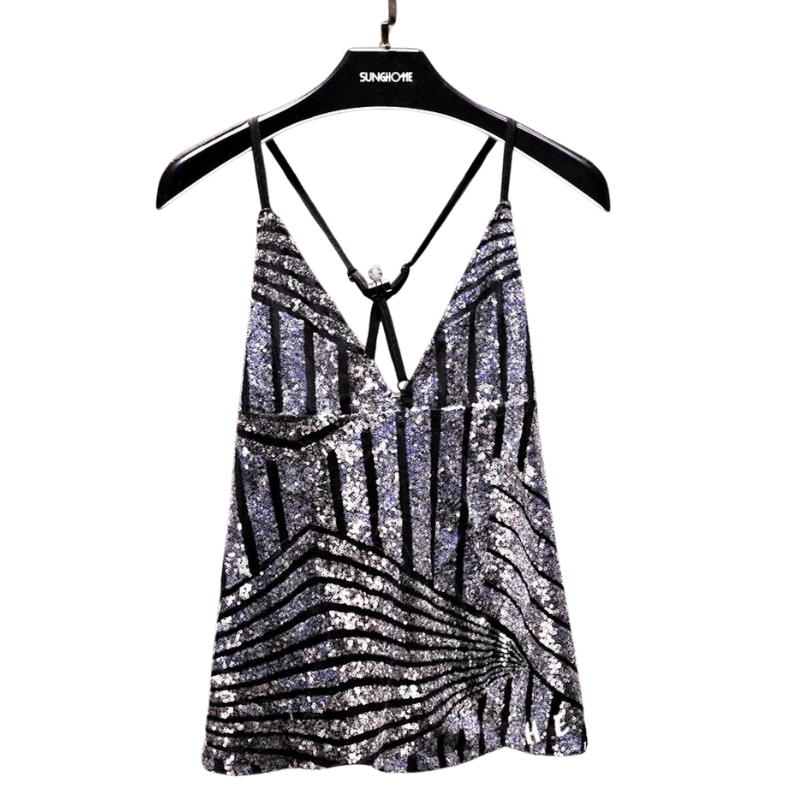 Haut Paillette Argenté Lignes Bretelle Croisée