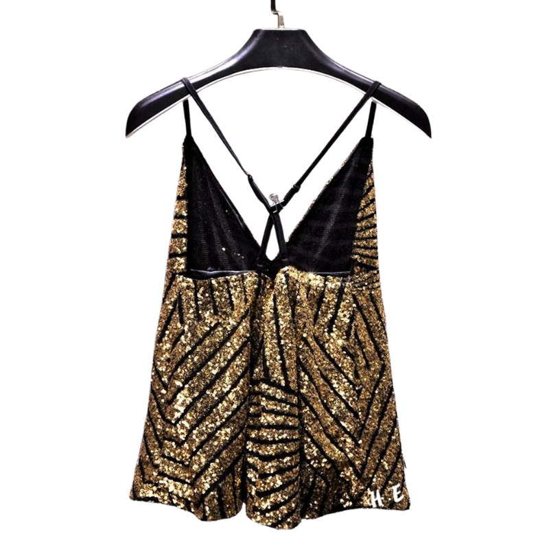 Haut Paillette Doré Lignes Bretelle Croisée