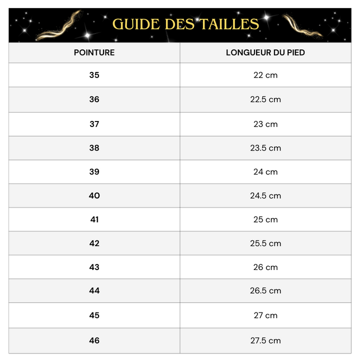 Tableau des tailles Sandale Strass Talon Rond