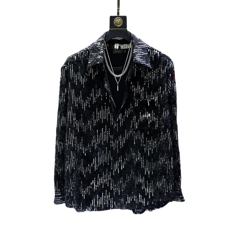 Chemise Avec Traits Paillettes Noir  Homme Manches Longues