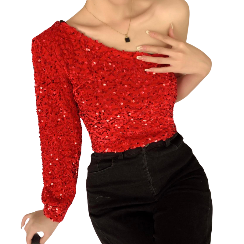 Top Paillette Une Manche rouge