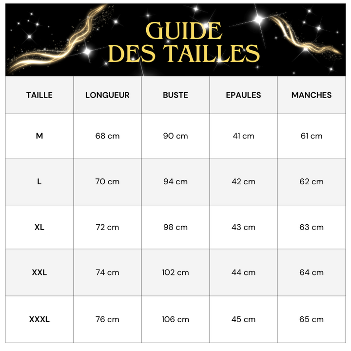 Tableau des taille Chemise Strass Etoiles Homme