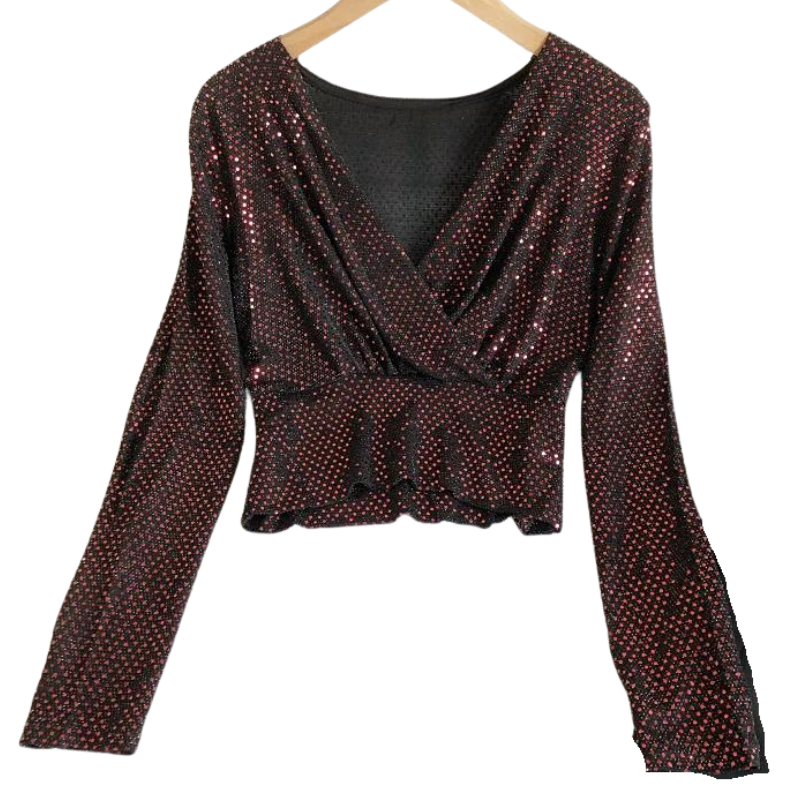 Top Paillettes Court Manches Longues rouge