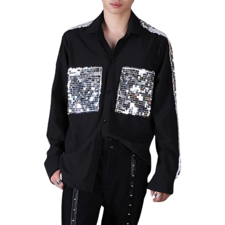Chemise Noir Paillette Argenté Homme