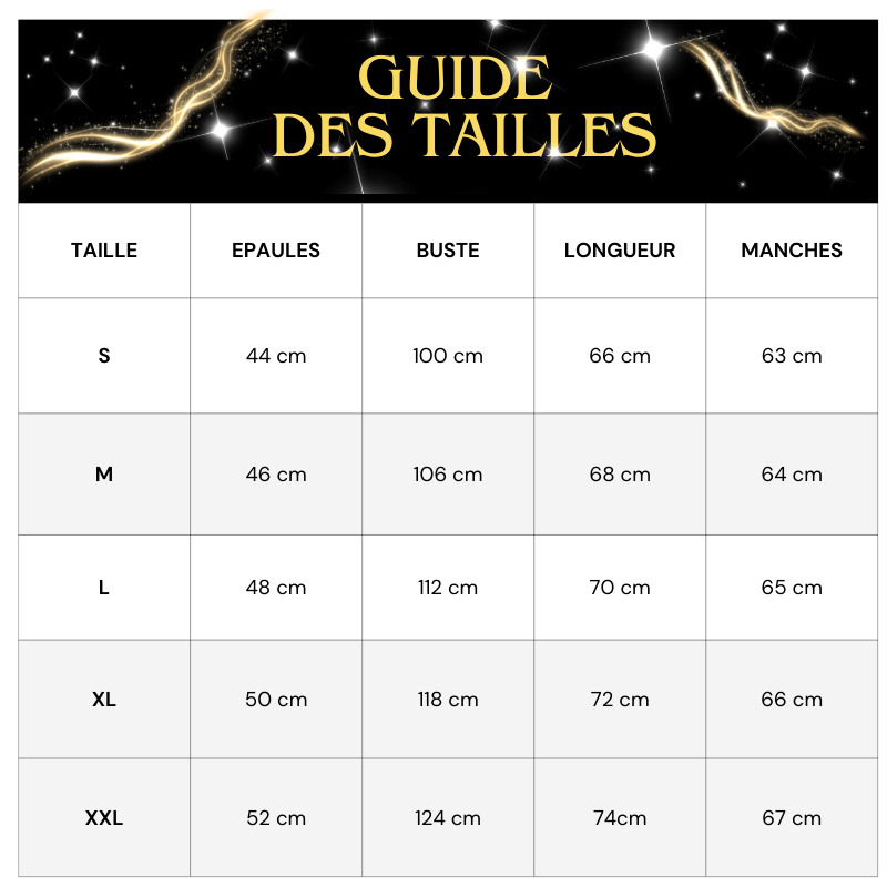 Tableau des tailles Veste Paillette Ouverte Homme