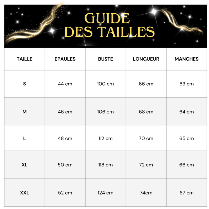 Tableau des tailles Veste Paillette Ouverte Homme