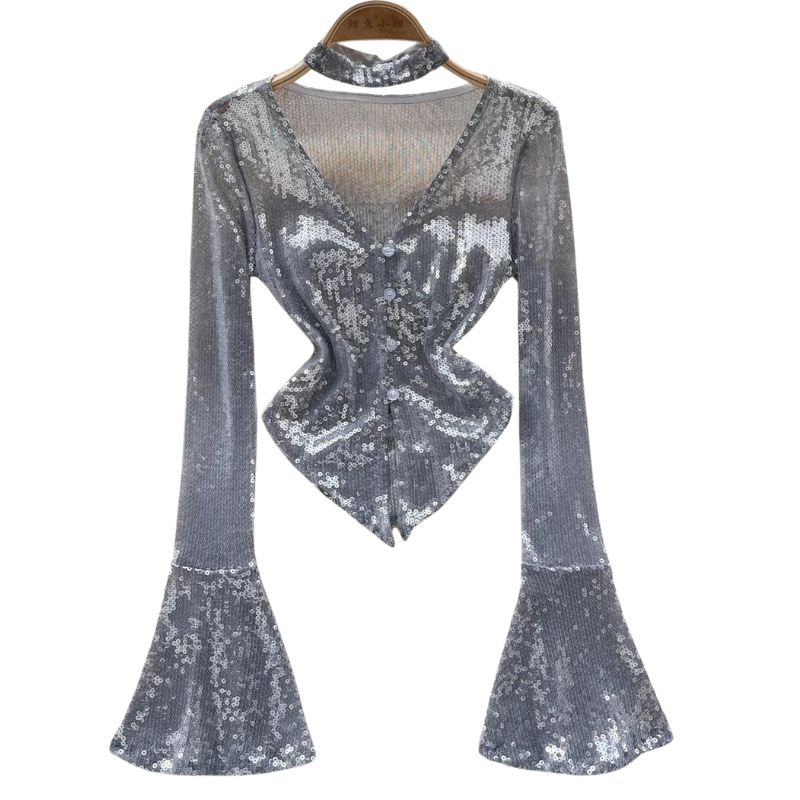 T Shirt Paillette Argent Col V Manches Evasées