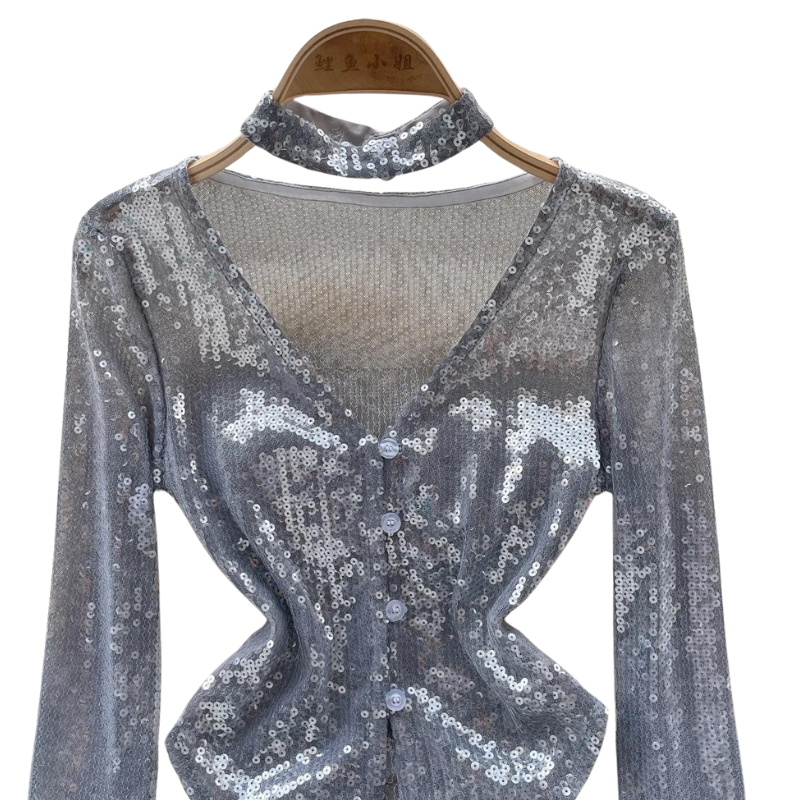 T Shirt Paillette Argent Col V Manches Evasées