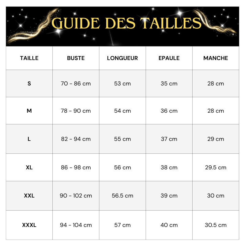 Tableau des tailles Cache Coeur Paillette Plissé