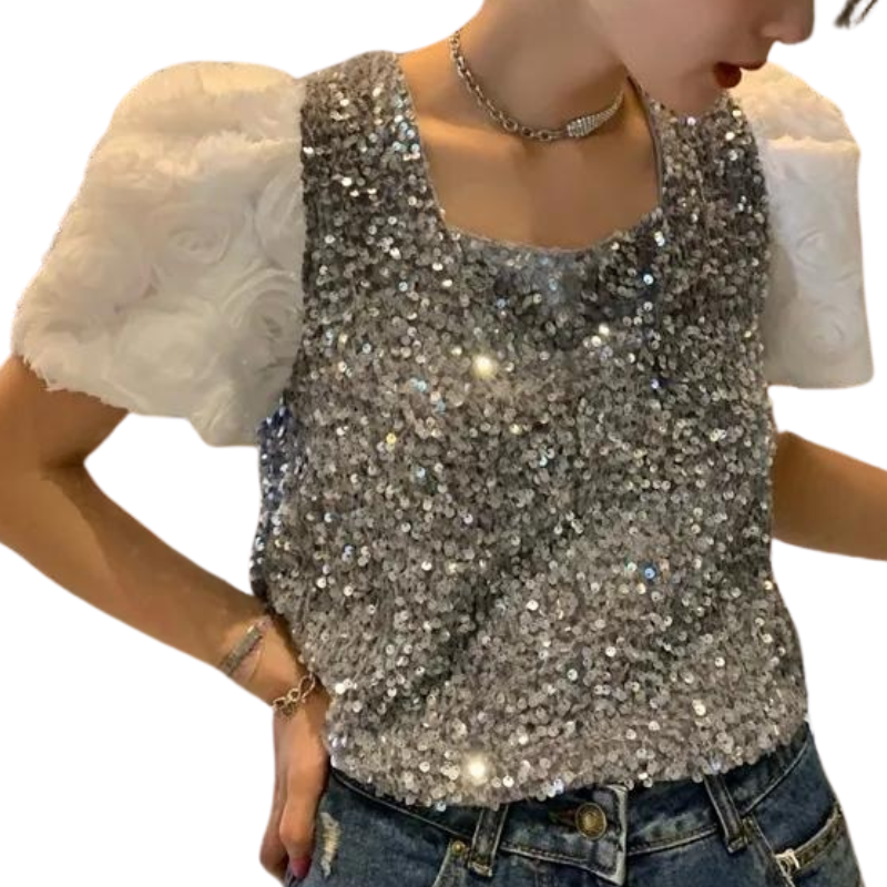 T Shirt Paillette Manches Larges Femme