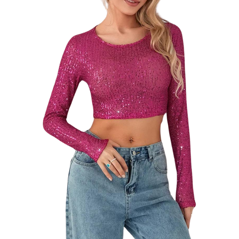 Crop Top Paillette Manches Longues rose