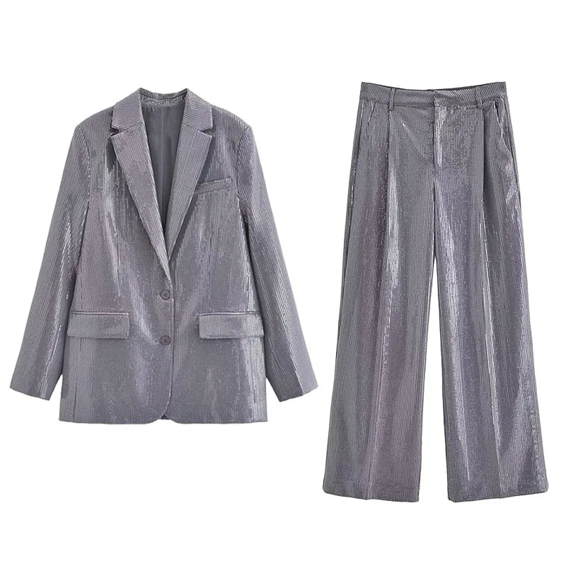 Ensemble Paillette Costume Gris Femme