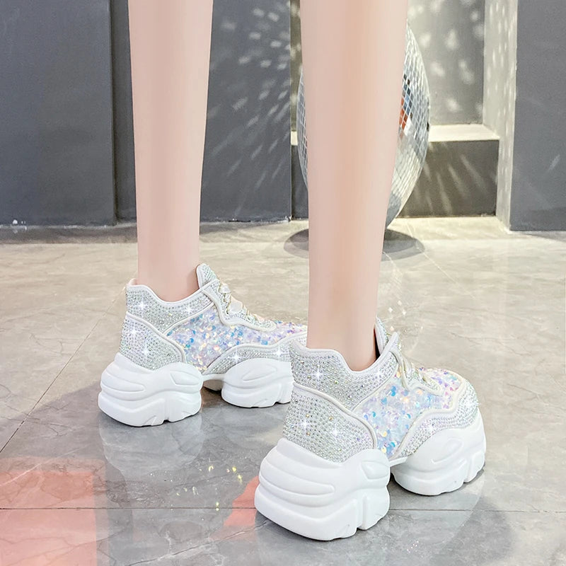 Basket Plateforme Paillette Strass blanche
