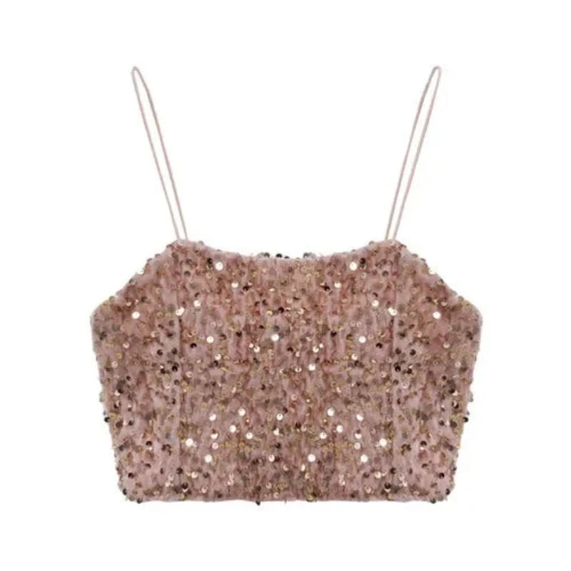 Crop Top Paillette Bretelle rose
