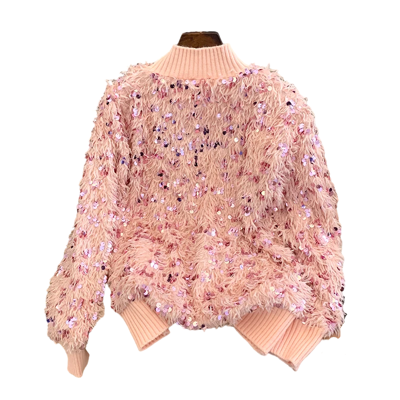 Pull Pailleté Plume Col Montant Femme Rose