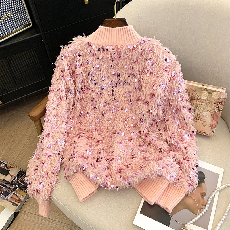 Pull Pailleté Plume Col Montant Femme Rose