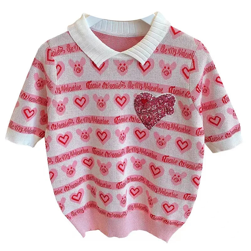 Pull Coeur Pailleté Blanc Rose Manches Courtes Strass Paillettes