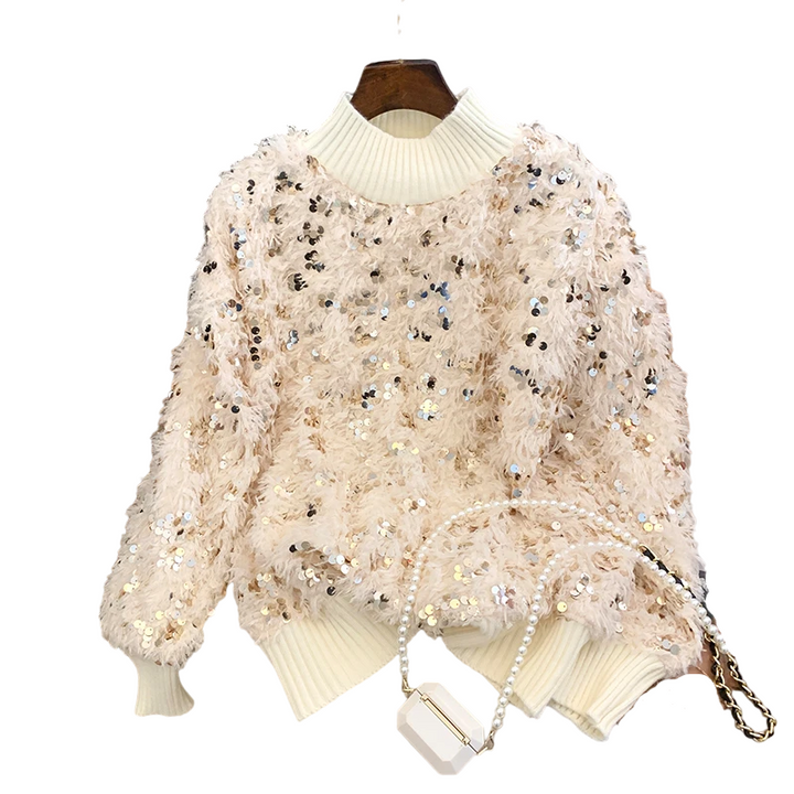 Pull Pailleté Plume Col Montant Femme Blanc