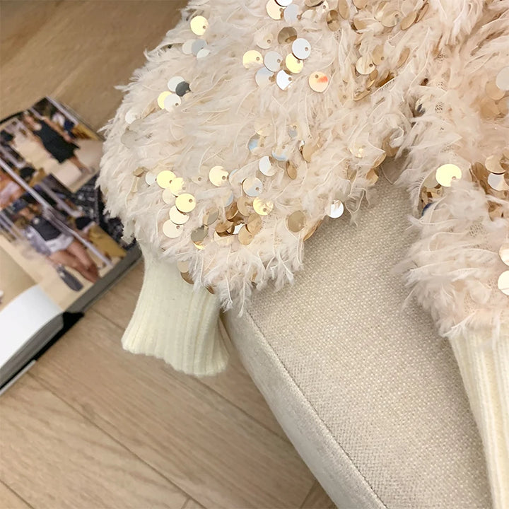 Pull Pailleté Plume Col Montant Femme Détail