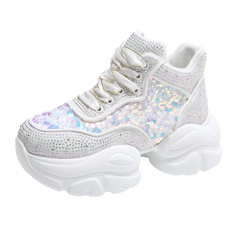 Basket Plateforme Paillette Strass blanche
