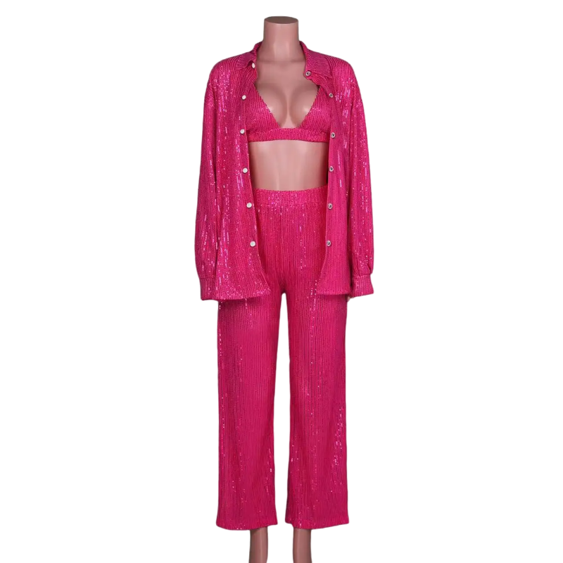 Ensemble Paillette Chemise Pantalon et Soutien Gorge Rose