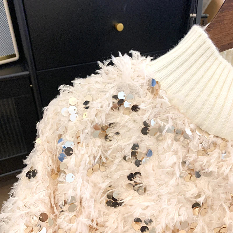 Pull Pailleté Plume Col Montant Femme Détail