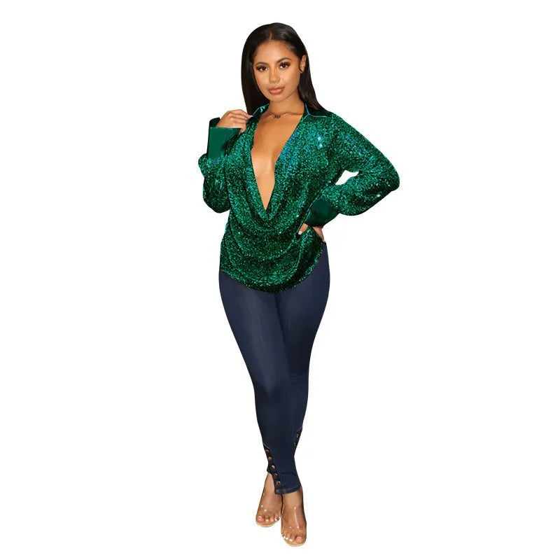 Haut Paillette Décolleté Femme vert