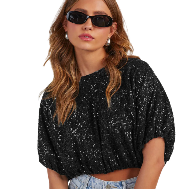 Top Paillette Femme Manches Repliées Noir