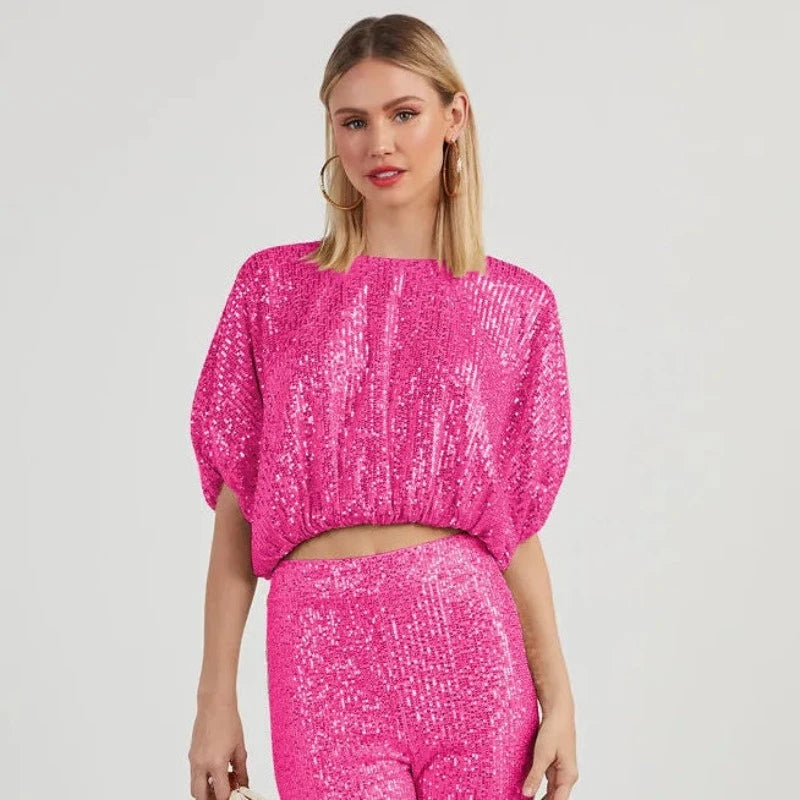 Top Paillette Femme Manches Repliées Rose foncé