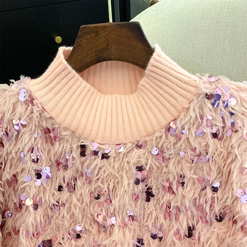 Pull Pailleté Plume Col Montant Femme