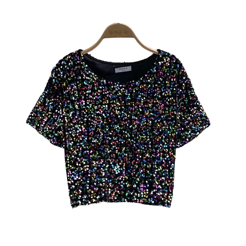 T Shirt Court Pailleté Femme Multi couleurs