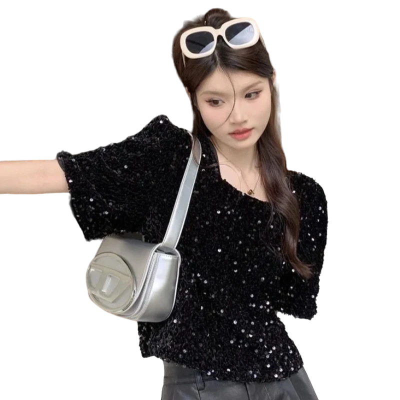 Top Paillette Dos Noeud Noir