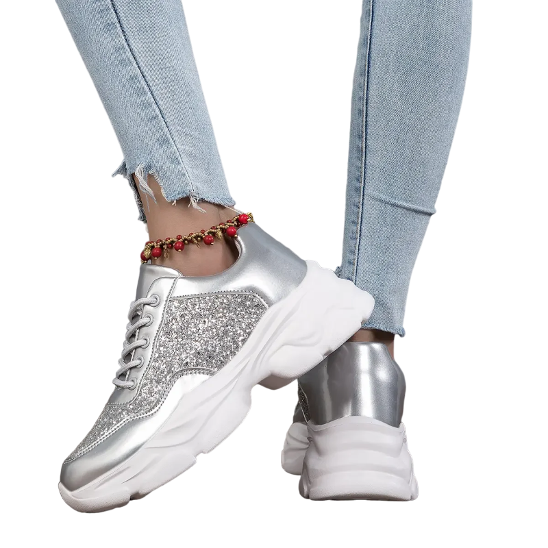 Basket Cuir Paillette Femme Argenté