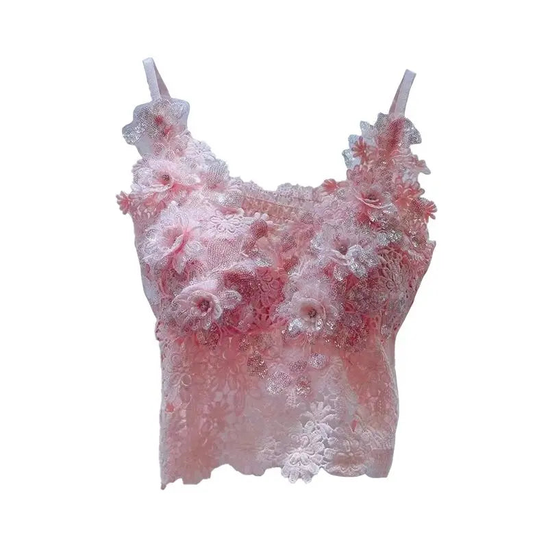 Top Crop Rose Débardeur Fleurs Paillette