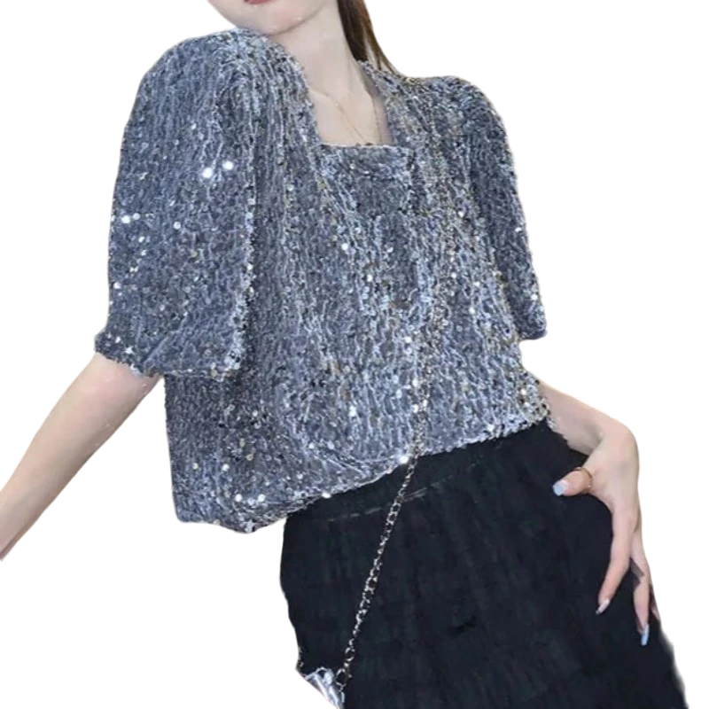 Top Paillette Dos Noeud Gris