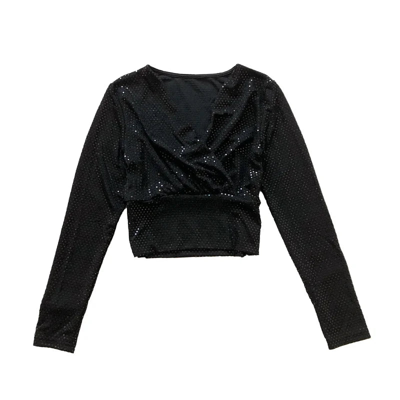 Top Paillettes Court Manches Longues noir