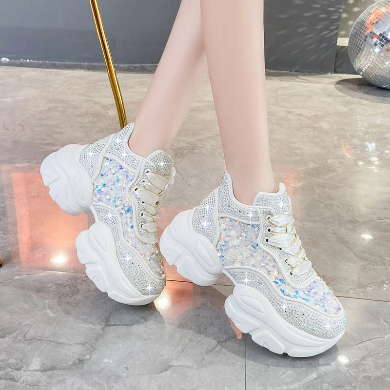 Basket Plateforme Paillette Strass blanche