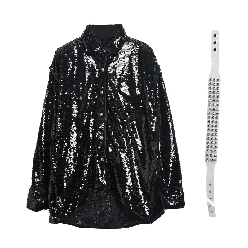 Chemise Longue Paillette Femme Avec Ceinture noire